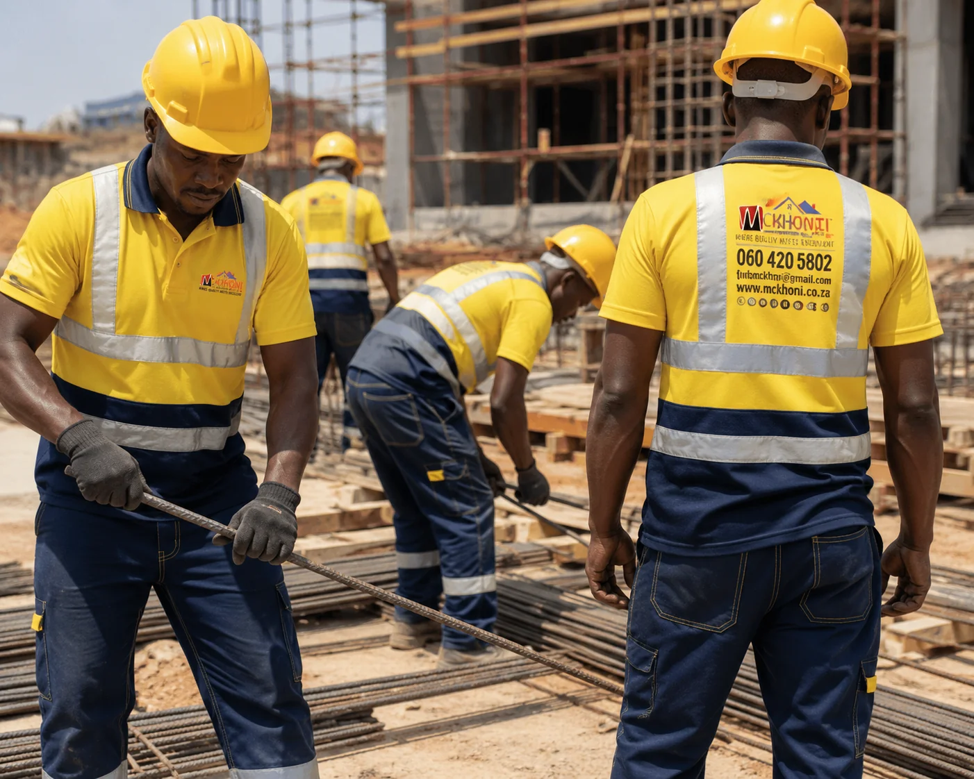 Construction workers in hard hats collaborating on a building site